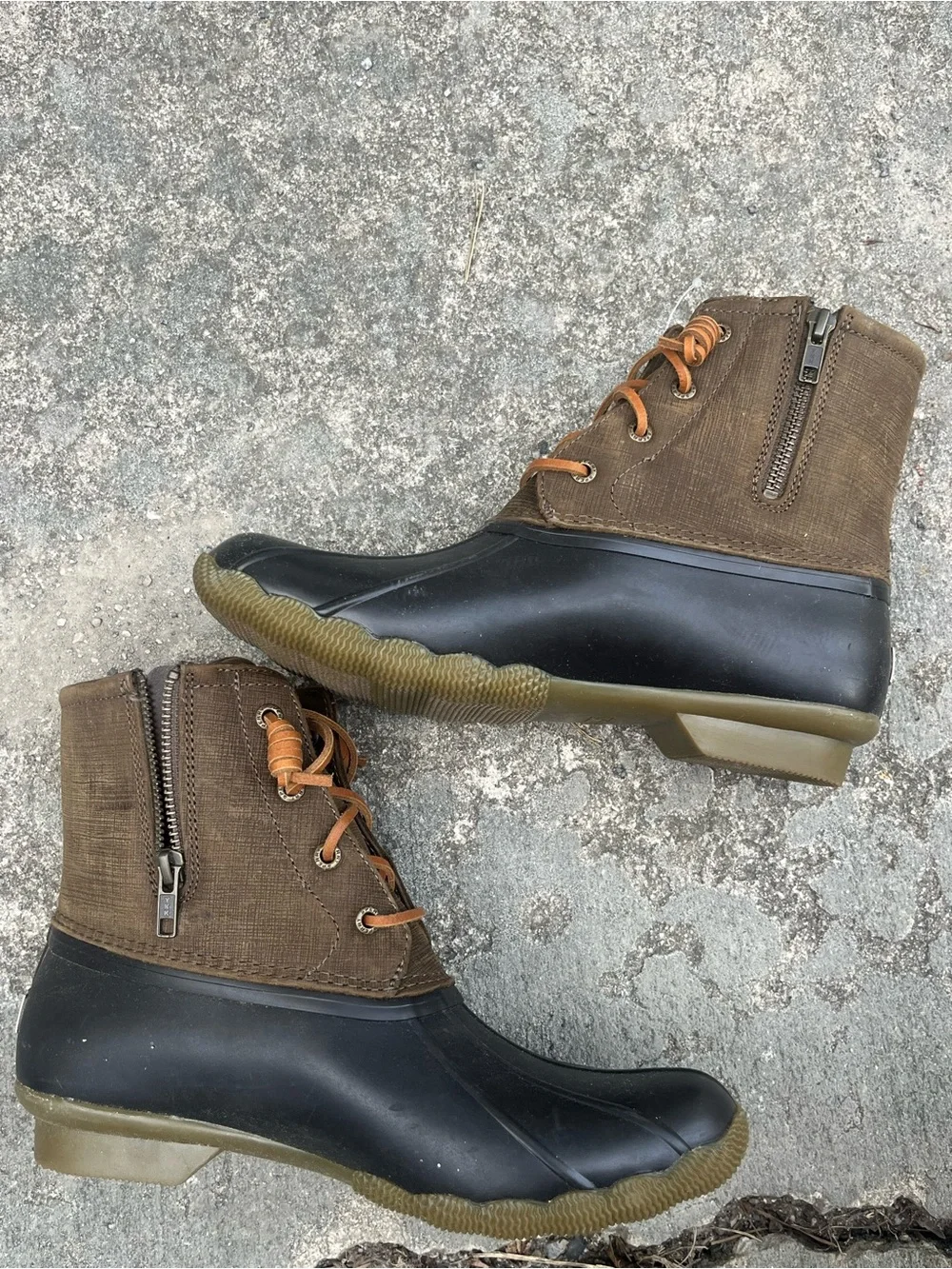 Sperry Brown Canvas + Black Rubber Duck Boots women’s size 9